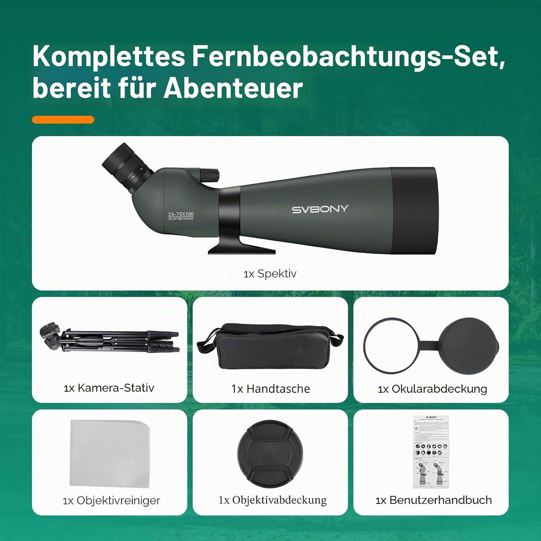 Svbony SV28 25-75x100mm Spektiv mit Stativ, Grosses Sichtfeld, Helle und Klare Bilder, HD BAK4 Porro