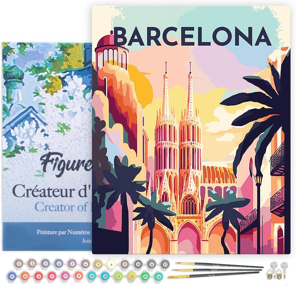 Figured'Art Malen Nach Zahlen Erwachsene Mit Rahmen Reiseplakat Barcelona - Paint by Numbers Basteln