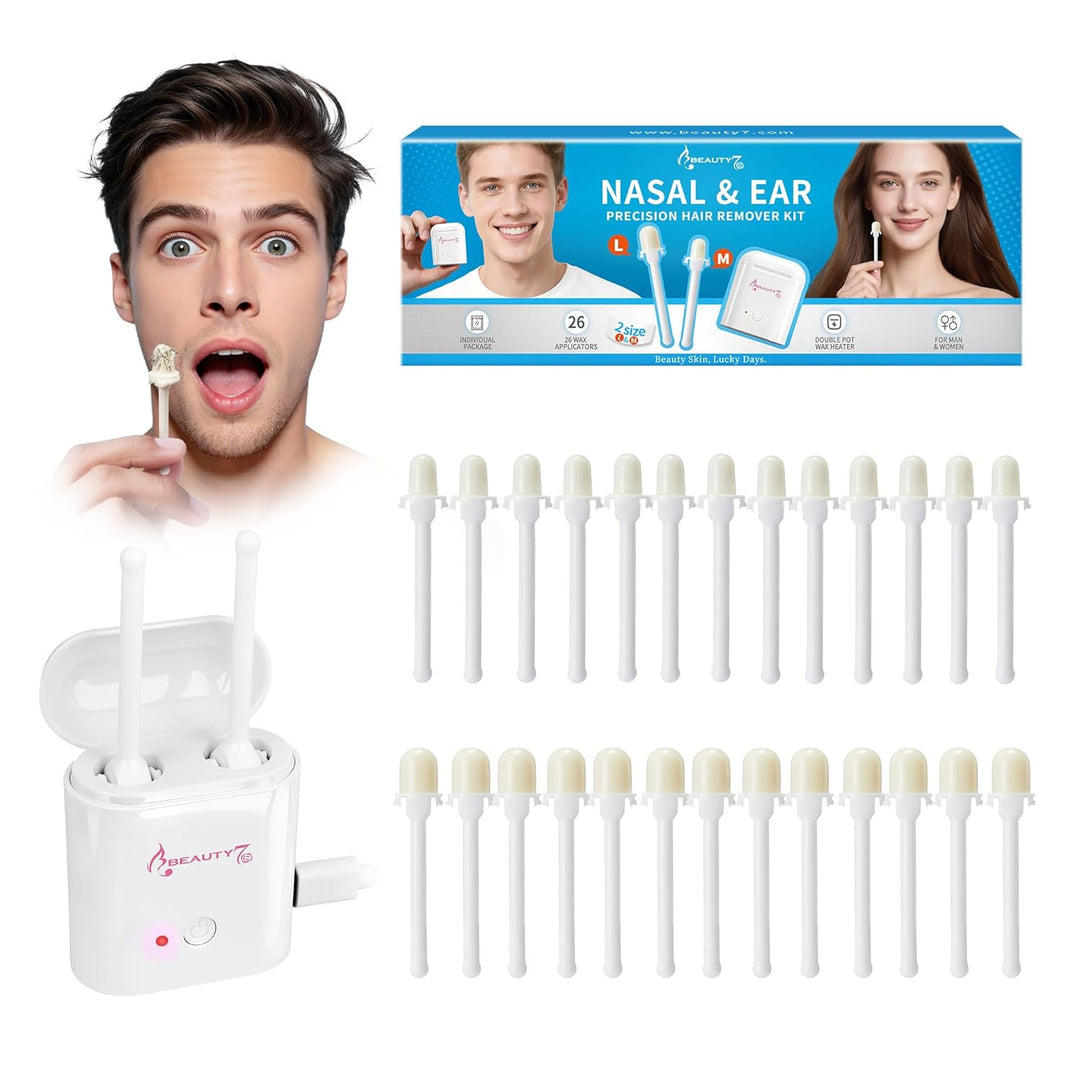 BEAUTY7 USB Ohren - & Nasenhaar Wachs Set Mini Wachswärmer USB-C Anschluss inkl. vorbereiteten 26 Wa