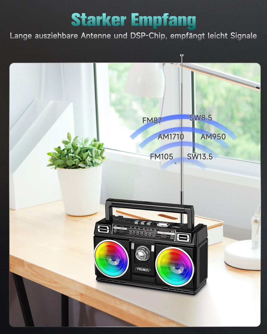 PRUNUS J-750 Retro Radio FM/AM/SW Transistorradio, Tragbares Radio mit 1800mAh Akku, Solar/USB-C Auf