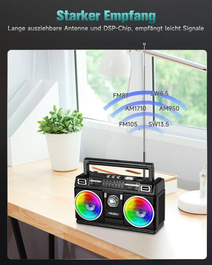 PRUNUS J-750 Retro Radio FM/AM/SW Transistorradio, Tragbares Radio mit 1800mAh Akku, Solar/USB-C Auf