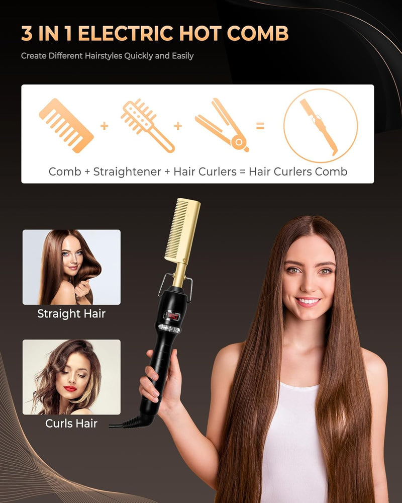 UKLISS Hot Comb for Wigs, Glättbürste mit LCD Dislpay, Glätteisen Locken und Glätten 2 in 1, Glättun