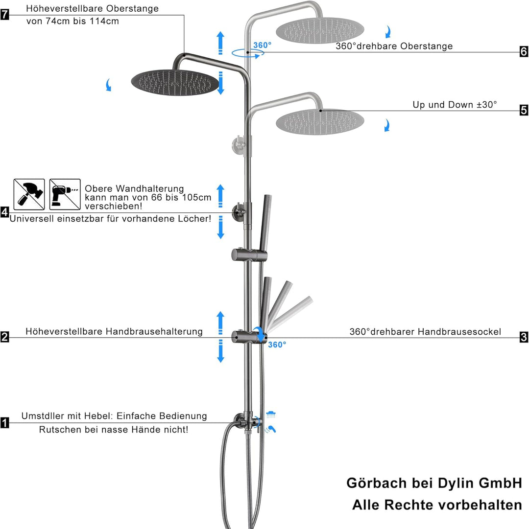 Görbach Edelstahl Duschset ohne Armatur, Regendusche Duschsystem mit Duschkopf, Duschstange, Duschsc