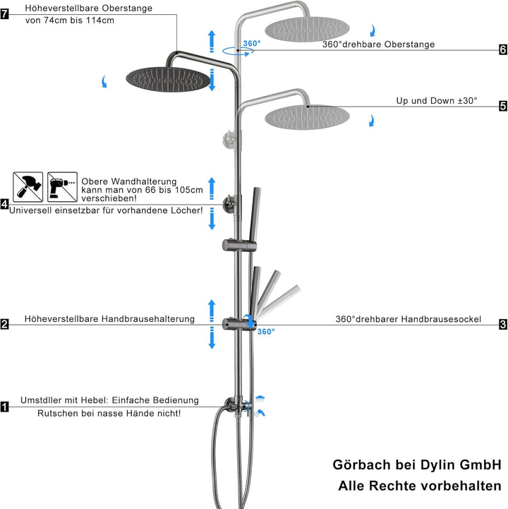Görbach Edelstahl Duschset ohne Armatur, Regendusche Duschsystem mit Duschkopf, Duschstange, Duschsc