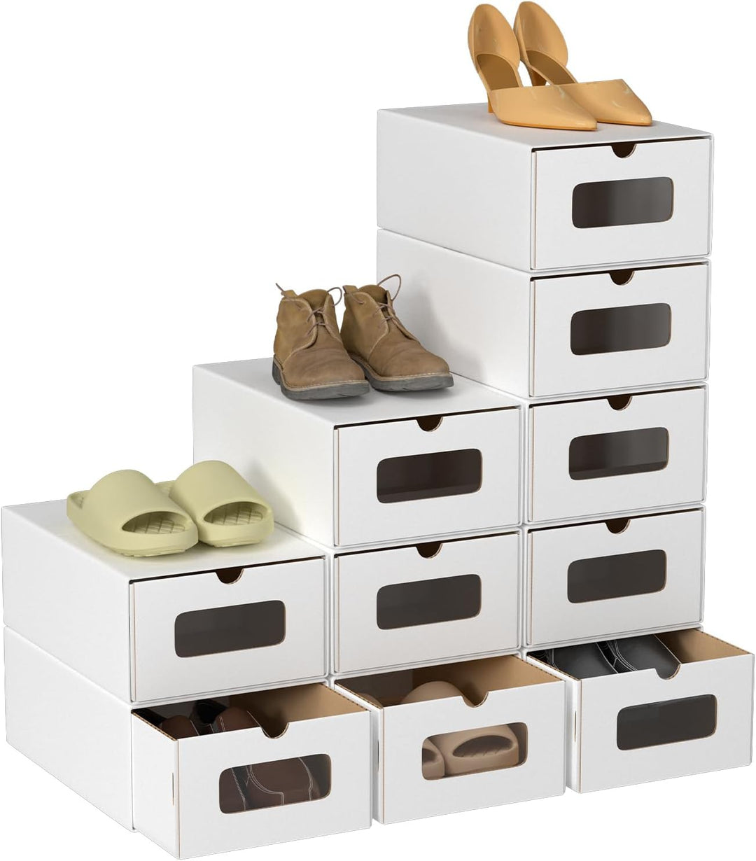 35×23×13 cm - 10x Schuhaufbewahrung Reinweiss mit Sichtfenster – Faltbare Schuhbox aus Kraftpapier,
