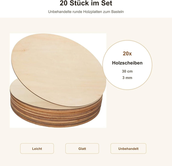 20 Stück Runde Holzscheiben 30 cm, 3mm Dick Holzplatte Rund, Unbehandelte Untersetzer rund Natur Hol