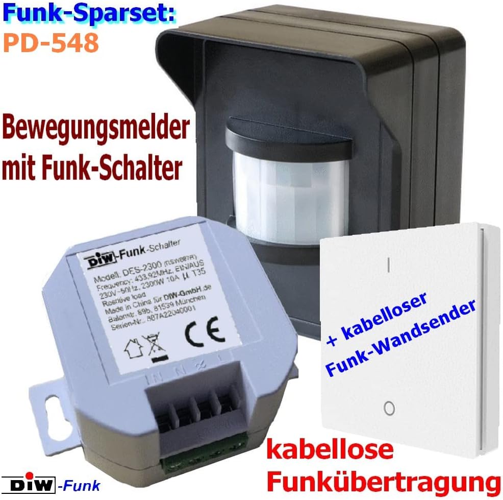 PD-548 DIW-FUNK Set Bewegungsmelder IP44 mit Funk-Einbau Empfänger 230V Funkschalter + Funk-Wandsend