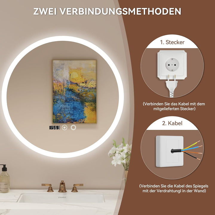 YU YUSING Badspiegel LED Rund Badezimmerspiegel mit Beleuchtung 50x50cm, 3 Lichtfarbe Einstellbare,