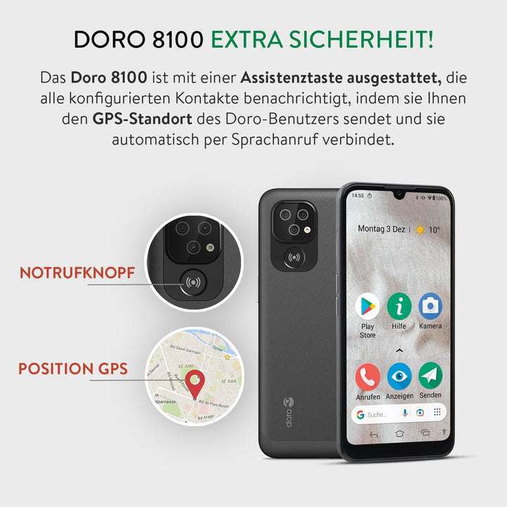 Doro 8100, 4G Senioren Smartphone, Noruftaste, Triple Kamera, Android 11 Go, 32 GB Speicher, Grau, D