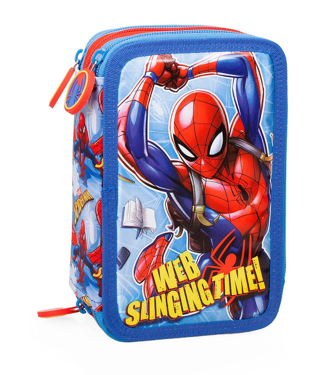 L'ERBAVOGLIO Federmäppchen für Schule, 3 Reissverschluss, komplett mit 44 Stück, Spiderman (Hellblau