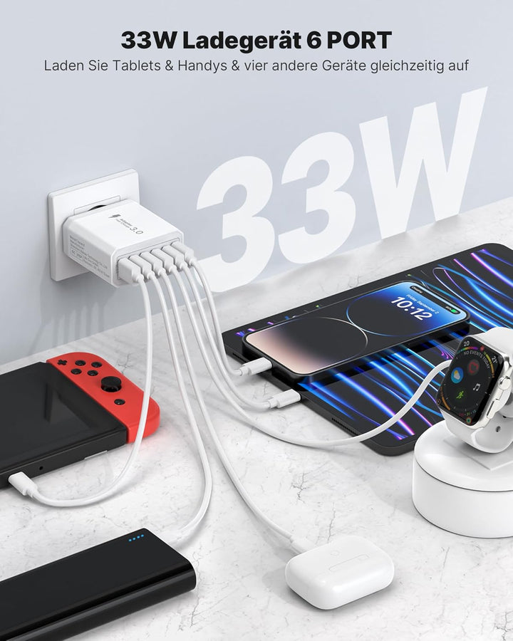 USB Ladegerät 2er-Pack, 6-Ports Ladeadapter 33W USB Ladestecker mit QC 3.0 Schnellladegerät Mehrfach