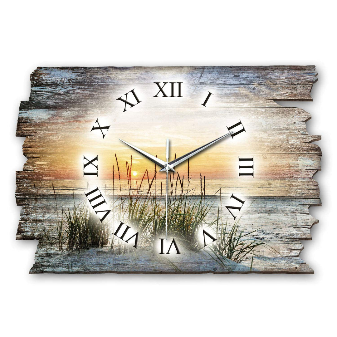 Kreative Feder Sandstrand Meer Landhaus Shabby Style Designer Wanduhr Funkuhr aus Holz *Made in Germ