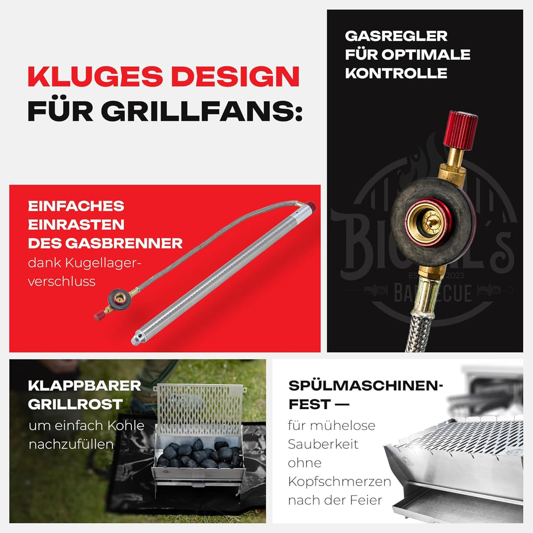 Little Bro Mobiler Steckgrill 2-in-1 Edelstahl Grill für Gas & Kohle - Inkl. Tasche (Grillmatte) & S