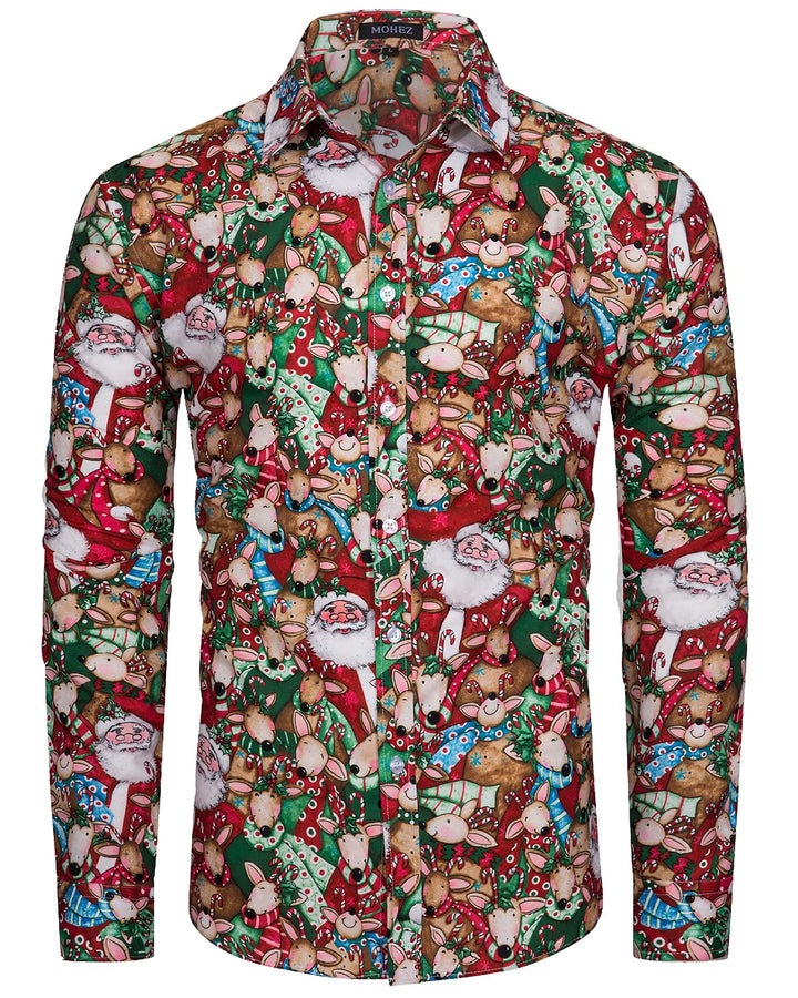 MOHEZ Herren Funky Christmas Print Weihnachtshemd Langarm Button Up Freizeithemd Rentier Santa Schne