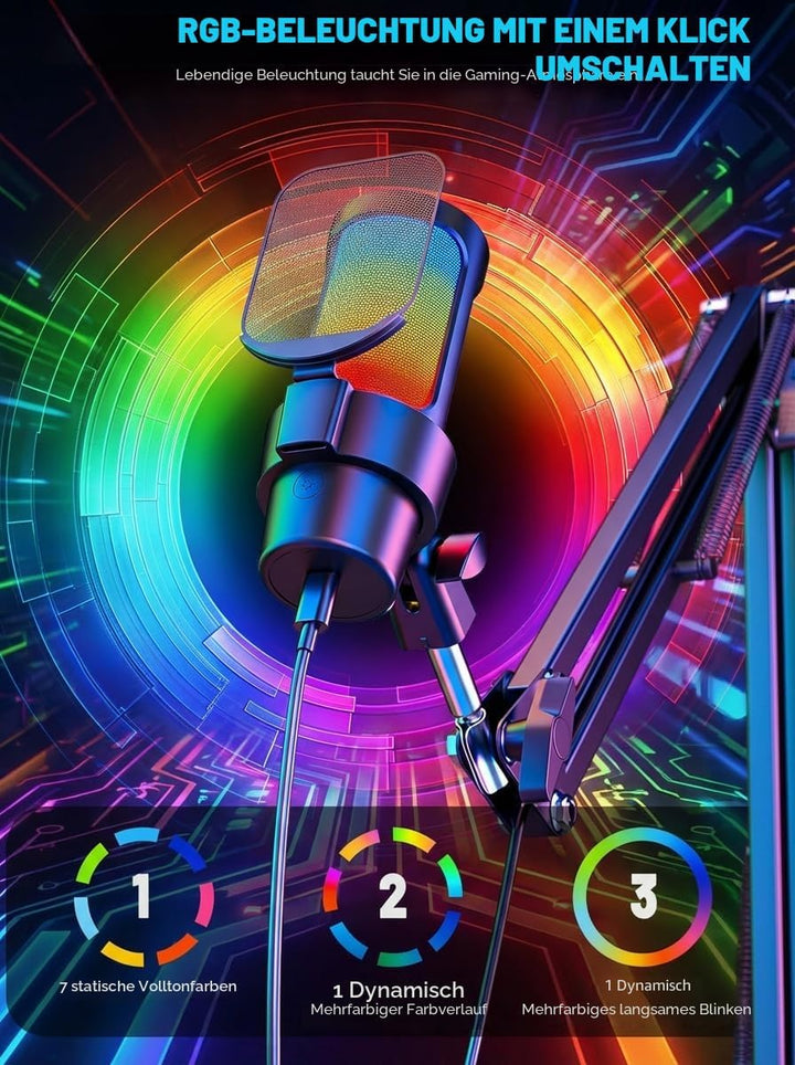Gaming Mikrofon mit Arm Plug & Play USB Kondensator Mikrofon mit RGB Licht, Mute-Taste, Pop-Filter &