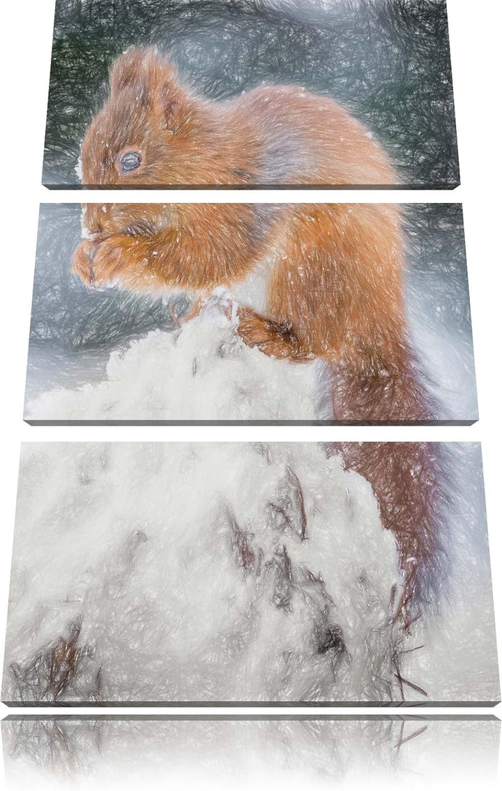 Pixxprint Kleines Eichhörnchen im Winter Bunstift Effekt 3-Teiler Leinwandbild 120x80 Bild auf Leinw
