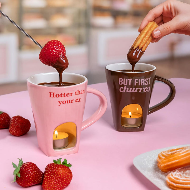 Fisura - Fondue Tasse für Schokolade und Käse, rosa Keramiktasse 140 ml mit Gabel, originelles Gesch