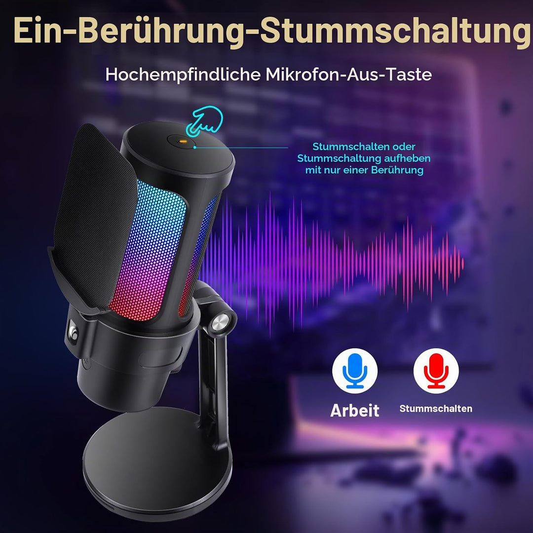 VCOM Gaming Mikrofon PC, RGB USB Mikrofon mit Mute, Pop-Filter, Gain, Gaming Zubehör Microphone für