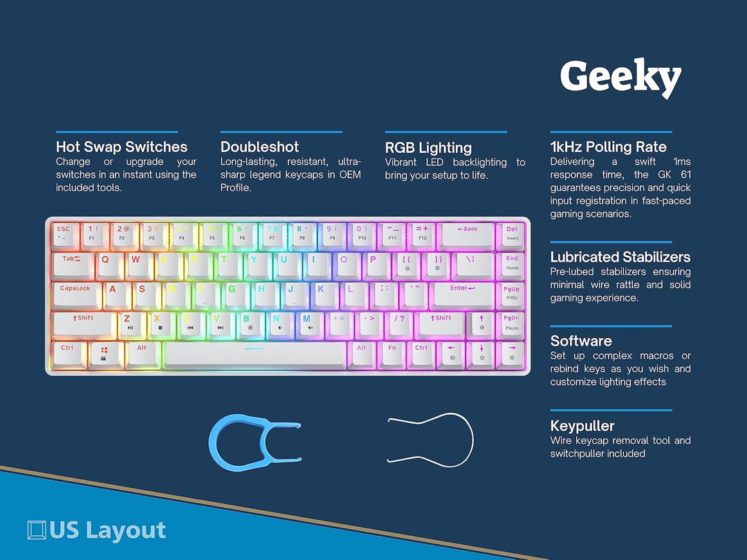 Geeky GK65 65% | Hot Swappable Mechanische Gaming-Tastatur | 68 Tasten Multi Color RGB LED Hintergru