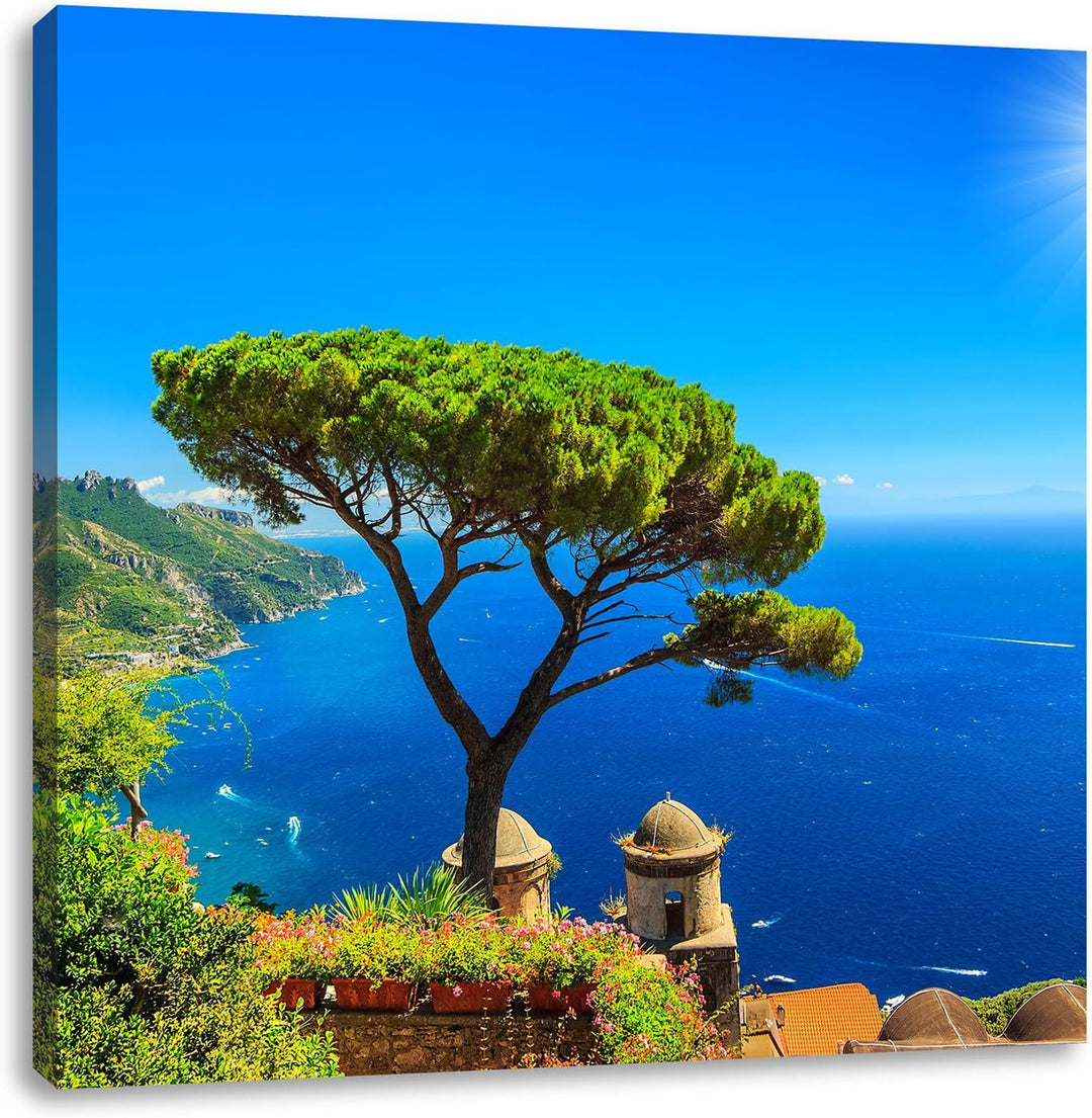 baum am blauen meer, Format: 70x70 auf Leinwand, XXL riesige Bilder fertig gerahmt mit Keilrahmen, K