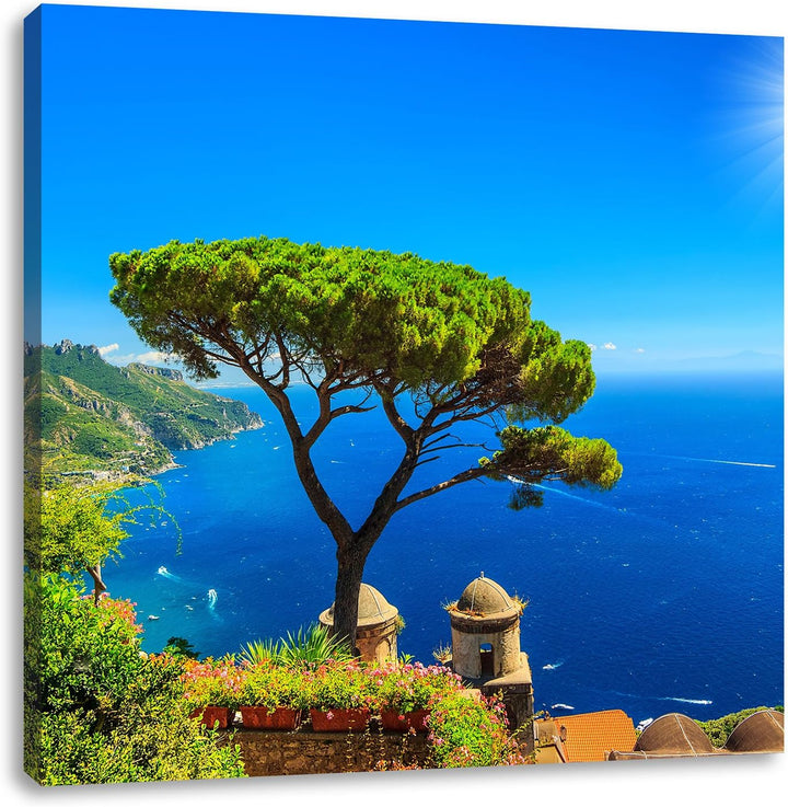 baum am blauen meer, Format: 70x70 auf Leinwand, XXL riesige Bilder fertig gerahmt mit Keilrahmen, K