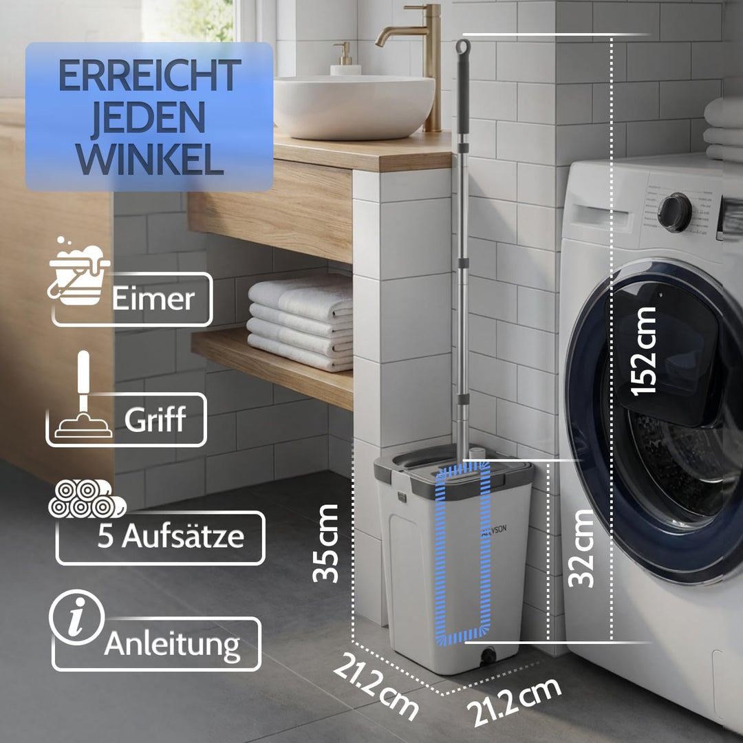 Allyson® Wischmopp Set mit Eimer, 3 Kammer System, inkl. 15 Mopptücher | Integrierter Haarentferner,
