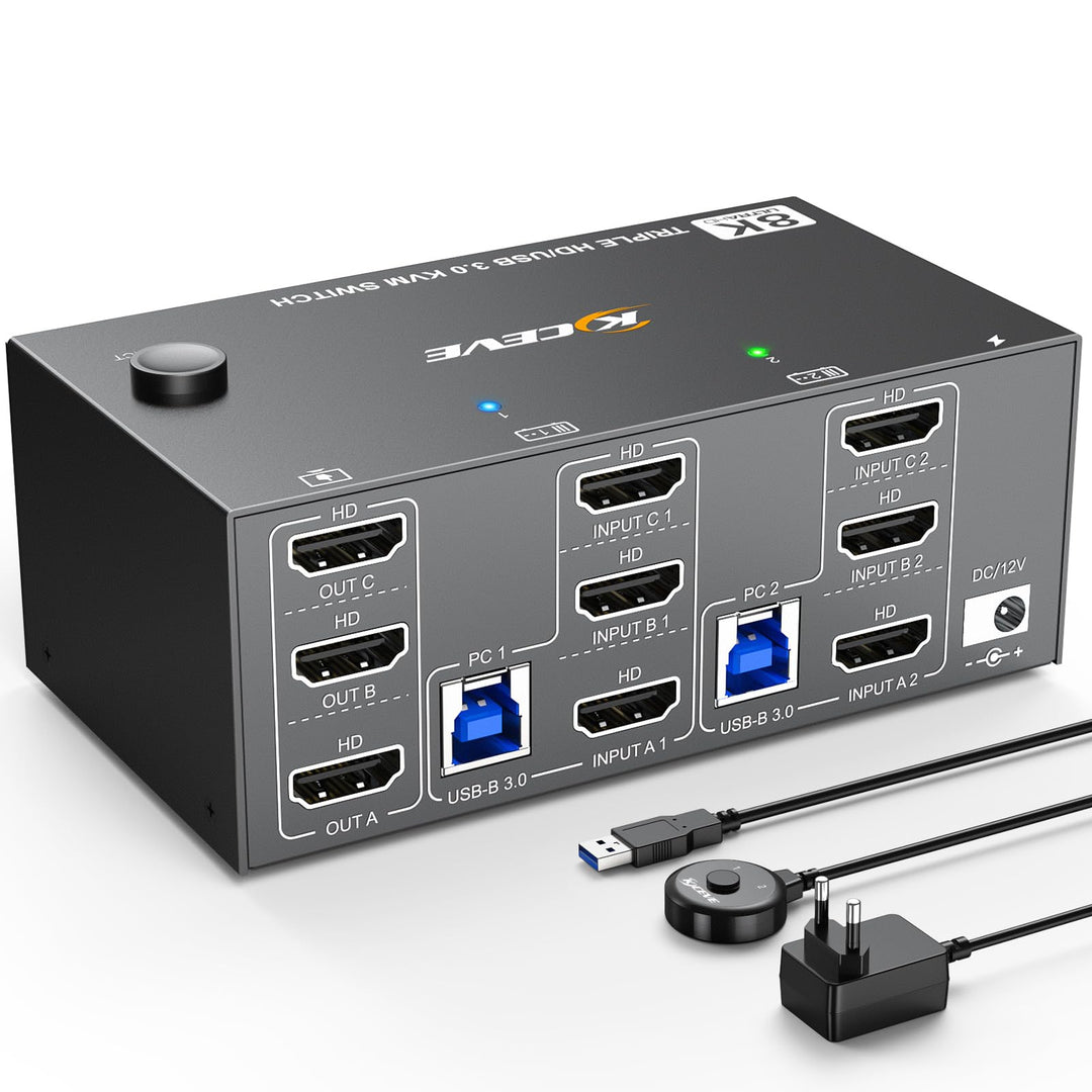 USB 3.0 KVM Switch 2 PC 3 Monitore HDMI 8K@60Hz 4K@144Hz, Triple Monitor KVM Switch HDMI 2.1 Teilen