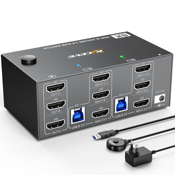USB 3.0 KVM Switch 2 PC 3 Monitore HDMI 8K@60Hz 4K@144Hz, Triple Monitor KVM Switch HDMI 2.1 Teilen