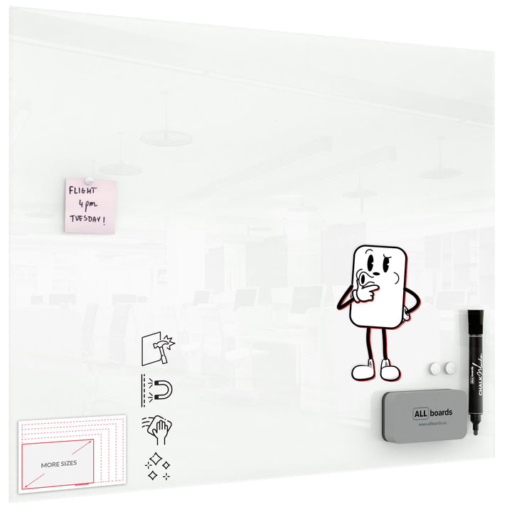 ALLboards Glasboard Magnetisch Weiss 100x80cm, Rahmenlos, Glastafel, Magnettafel, Gehärtetes Glas, W