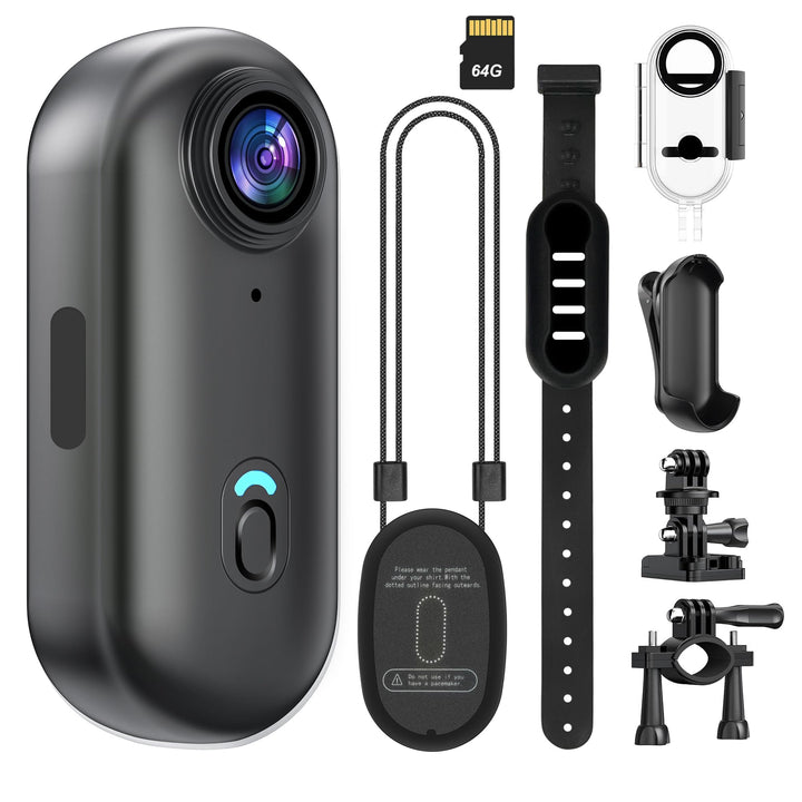 4K Mini Action Kamera mit 64 GB Karte, Wasserdicht, Daumengrosse Freisprech-Aufnahme-Körperkamera, T