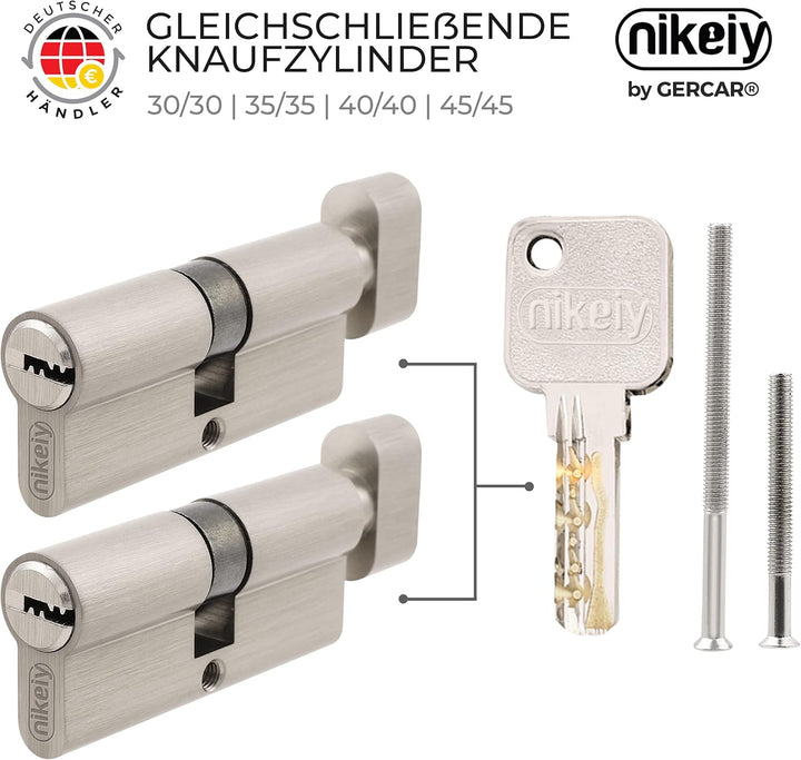 GERCAR Pro Knaufzylinder 40/40 Massiver Schliesszylinder gleichschliessend mit Knauf - 2er Set Zylin