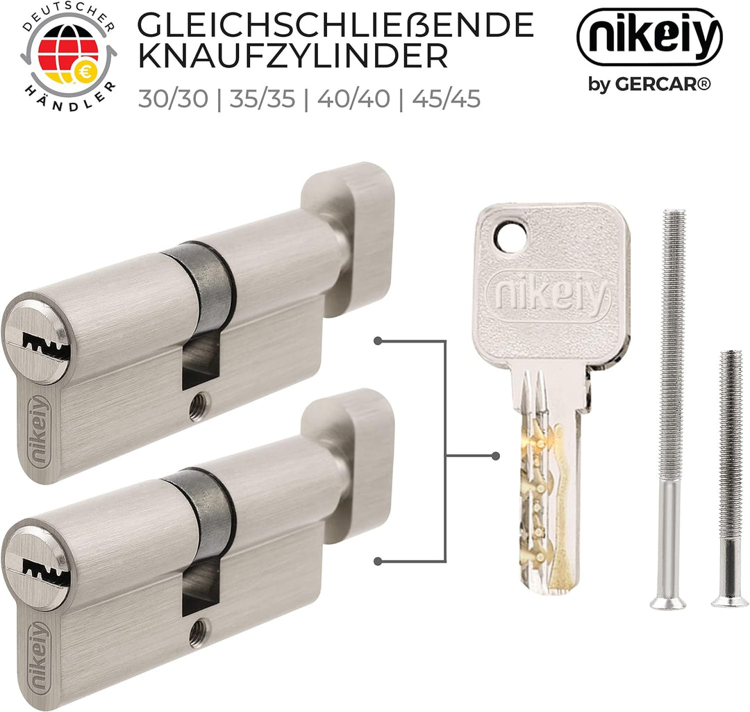 GERCAR Pro Knaufzylinder 30/30 Massiver Schliesszylinder gleichschliessend mit Knauf - 2er Set Zylin