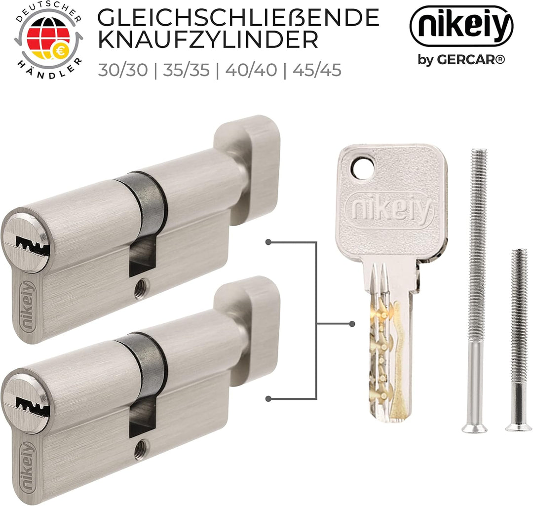 GERCAR Pro Knaufzylinder 45/45 Massiver Schliesszylinder gleichschliessend mit Knauf - 2er Set Zylin
