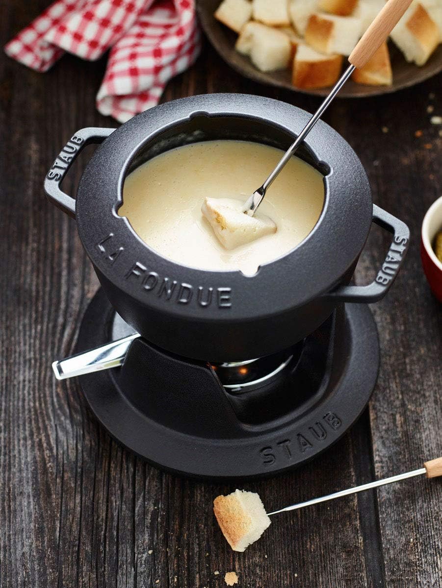STAUB Fondue Set mit 6 Gabeln, Geeignet für Käse- Schoko- und Fleisch-Fondue, Gusseisen, 18 cm, Schw