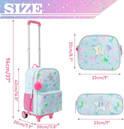 HTgroce Einhorn Schulranzen Rucksack Trolley mit 2 Rollen für Kinder Mädchen,Kinder Schultrolley Gee