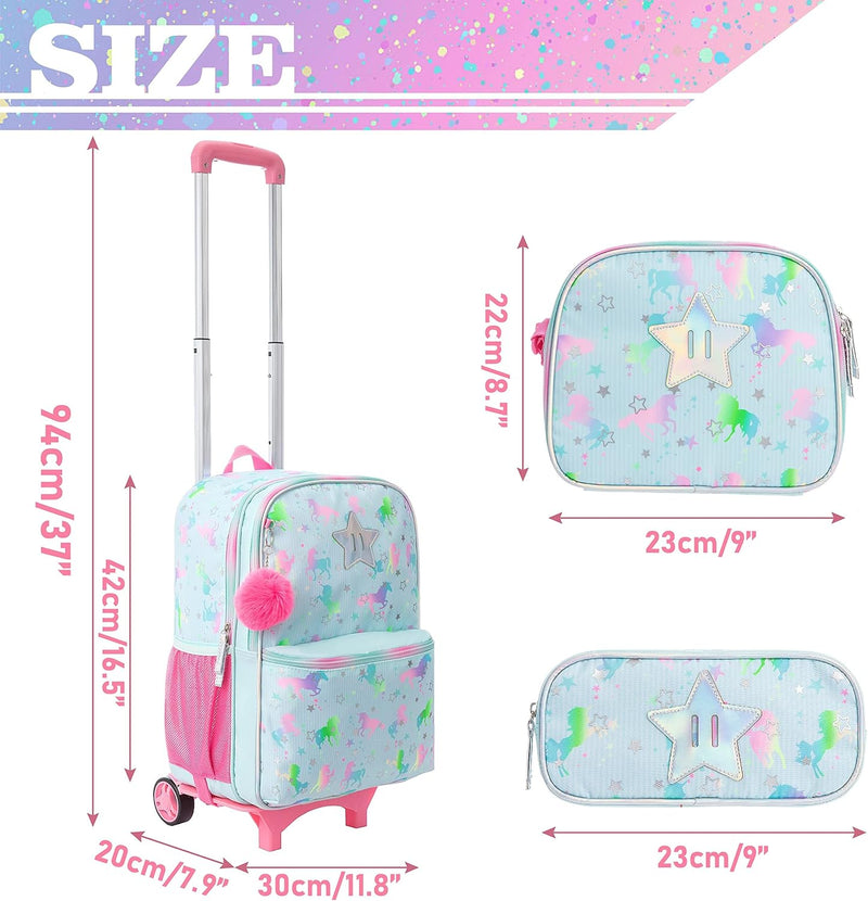 HTgroce Einhorn Schulranzen Rucksack Trolley mit 2 Rollen für Kinder Mädchen,Kinder Schultrolley Gee