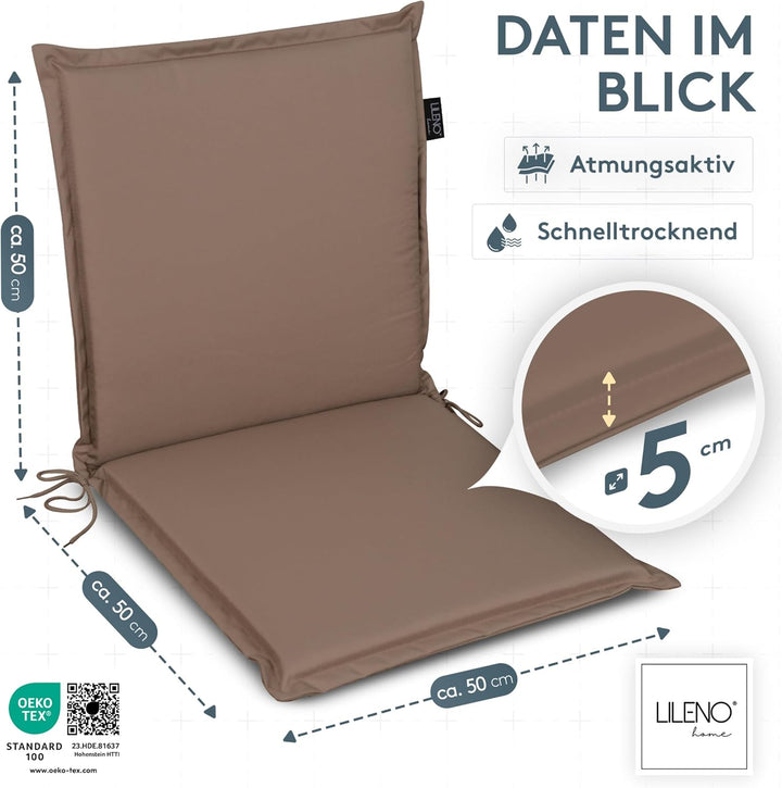 LILENO HOME Gartenstuhl Auflagen [2er Set - Niedriglehner] in Taupe - Bequeme Liegen als Sitzauflage
