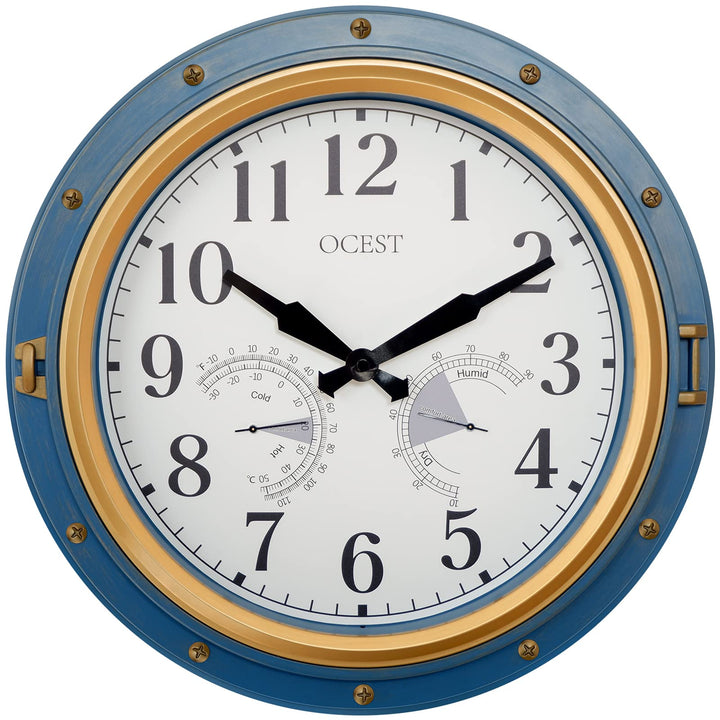 OCEST Gartenuhr Wetterfest, 40,6 cm Wasserdicht Wanduhr mit Temperatur und Luftfeuchtigkeit Retro le