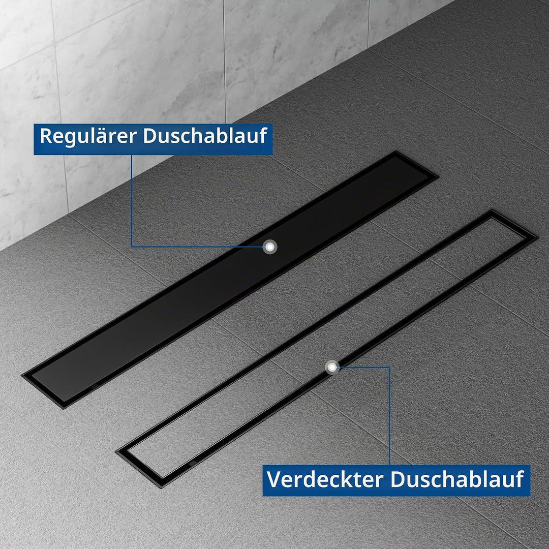 Neodrain Duschrinne 80cm Edelstahl Bodenablauf - 2 in 1 Duschablauf Flach Schwarz mit 360° Siphon, G