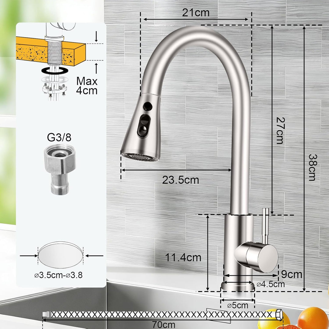 Wasserhahn Küche mit 3 Modi, Küchenarmatur mit 50cm Ausziehbarer Geschirrbrause, Edelstahl Heiss Kal