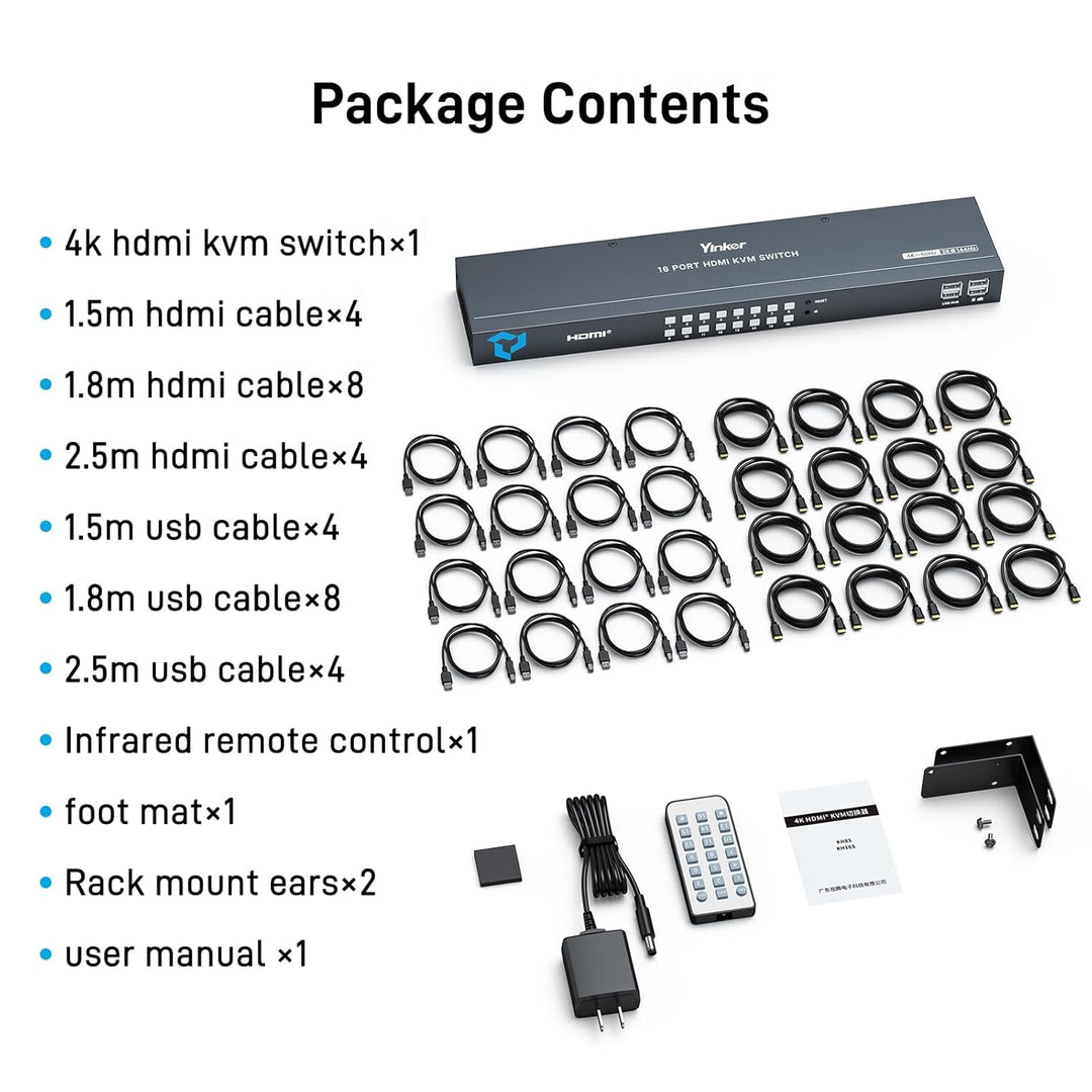 4K 60Hz HDMI KVM Switch 16 Port, Yinker HDMI KVM Switch 16 PC unterstützt 16 Computer 1 Monitor Keyb