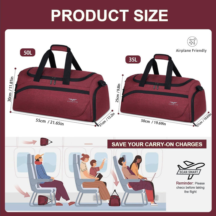 FIORETTO 50L Sporttasche & Reisetasche für Damen und Herren, mit Schuhfach & Nassfach, Wasserdicht T