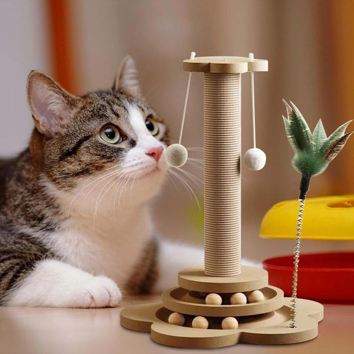 GOMETY 4 in 1 Katzenspielzeug aus Holz Roller 2-lagiger Drehteller Interaktives Katzen Spielzeug höl
