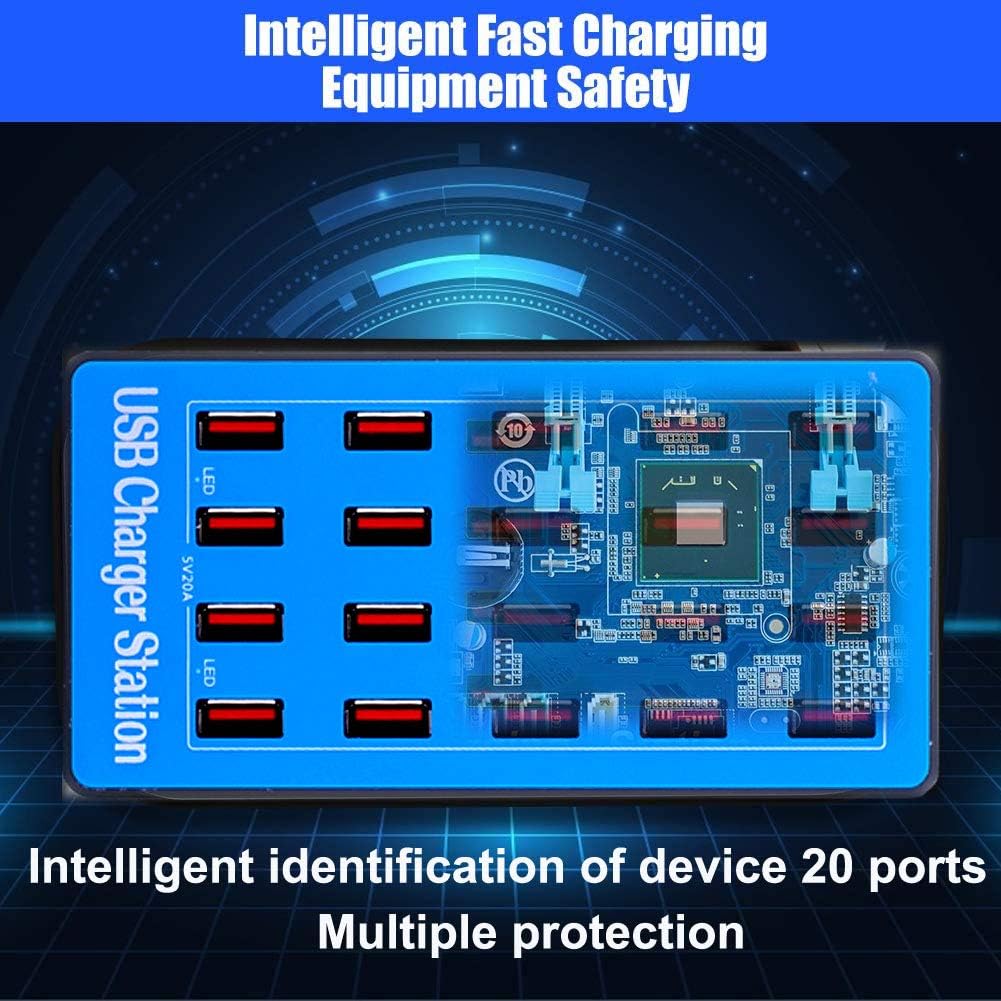 20 Ports 100 W/20 A USB Ladestation Multi-Geräte für Büro, Apple, Smartphones und mehr (20 Port-Blue