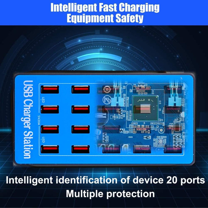 20 Ports 100 W/20 A USB Ladestation Multi-Geräte für Büro, Apple, Smartphones und mehr (20 Port-Blue