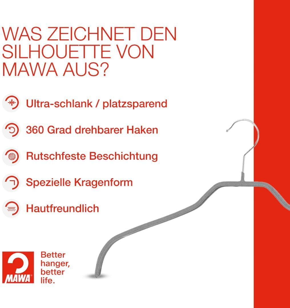 MAWA Kleiderbügel, Set mit 10 platzsparenden und rutschfesten Bügeln, ideal für Hemden und Blusen, m