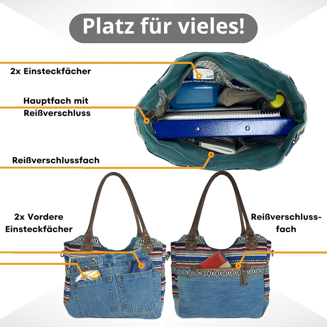 Sunsa Damen Nachhaltige Handtasche aus recycelte Jeans Canvas & Leder. Vintage Still grosse Schulter