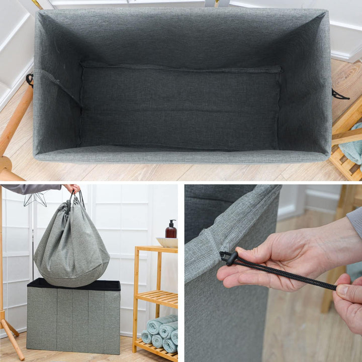 DuneDesign 85 Liter Wäschekorb mit Deckel & Wäschesack - 62x31 Wäschekorb mit Sitzfunktion - Faltbar