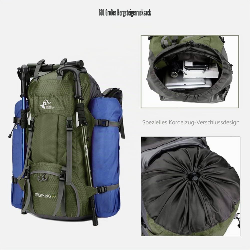 Bseash 60L Wasserdichter leichter Wanderrucksack mit Regenschutz, Outdoor Sport Tagesrucksack Multif
