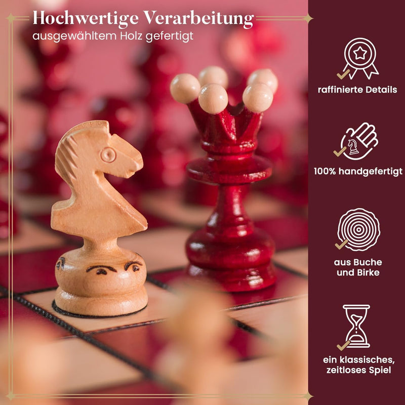 Schachbrett Holz Hochwertig | Master of Chess Schachspiel Holz Rote | Chess Set 35cm | Handgefertigt
